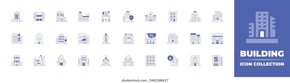 Building icon collection. Duotone style line stroke and bold. Vector illustration. Containing office, office building, buildings, building, city, flats, headquarters, hotel, empire state building.