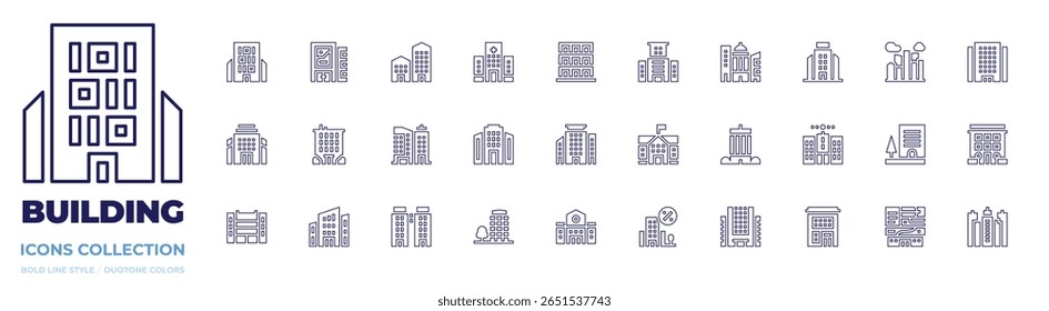 Building icon collection. Line style. Editable stroke. business, building, school, office building, city, company, nursing home, buildings.