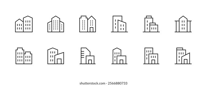 Building icon collection. Modern building, skyscrapers, city building, residence, cityscape, skyline and more. Editable stroke. Pixel Perfect. Grid base 32px.