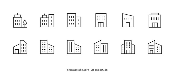 Building icon collection. Modern building, skyscrapers, city building, residence, cityscape, skyline and more. Editable stroke. Pixel Perfect. Grid base 32px.