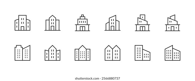 Building icon collection. Modern building, skyscrapers, city building, residence, cityscape, skyline and more. Editable stroke. Pixel Perfect. Grid base 32px.