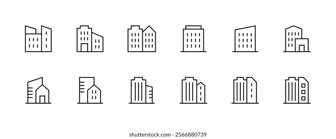 Building icon collection. Modern building, skyscrapers, city building, residence, cityscape, skyline and more. Editable stroke. Pixel Perfect. Grid base 32px.