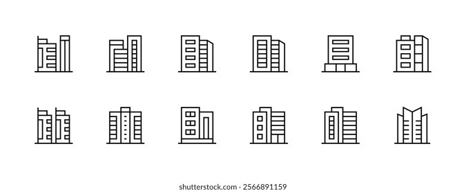 Building icon collection. Modern building, skyscrapers, city building, residence, cityscape, skyline and more. Editable stroke. Pixel Perfect. Grid base 32px.