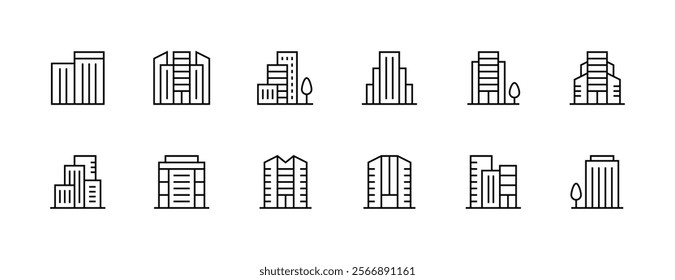 Building icon collection. Modern building, skyscrapers, city building, residence, cityscape, skyline and more. Editable stroke. Pixel Perfect. Grid base 32px.