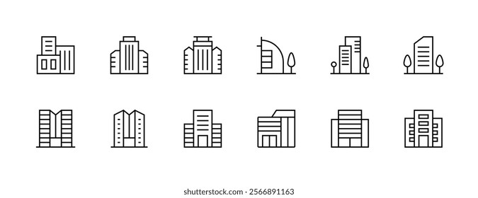 Building icon collection. Modern building, skyscrapers, city building, residence, cityscape, skyline and more. Editable stroke. Pixel Perfect. Grid base 32px.