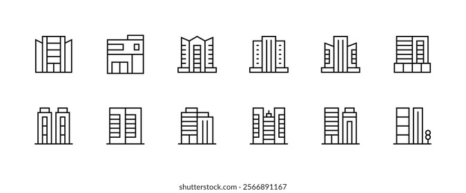 Building icon collection. Modern building, skyscrapers, city building, residence, cityscape, skyline and more. Editable stroke. Pixel Perfect. Grid base 32px.