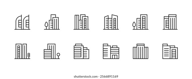 Building icon collection. Modern building, skyscrapers, city building, residence, cityscape, skyline and more. Editable stroke. Pixel Perfect. Grid base 32px.