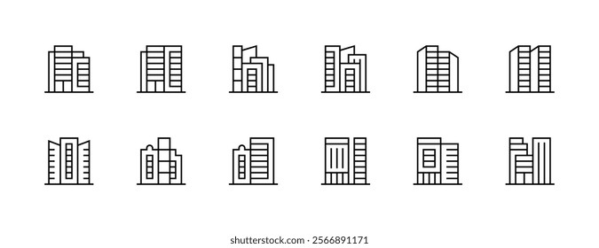 Building icon collection. Modern building, skyscrapers, city building, residence, cityscape, skyline and more. Editable stroke. Pixel Perfect. Grid base 32px.