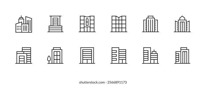 Building icon collection. Modern building, skyscrapers, city building, residence, cityscape, skyline and more. Editable stroke. Pixel Perfect. Grid base 32px.