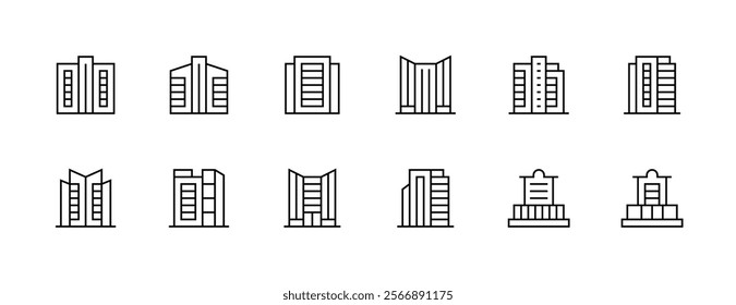 Building icon collection. Modern building, skyscrapers, city building, residence, cityscape, skyline and more. Editable stroke. Pixel Perfect. Grid base 32px.
