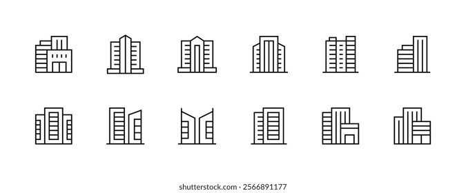 Building icon collection. Modern building, skyscrapers, city building, residence, cityscape, skyline and more. Editable stroke. Pixel Perfect. Grid base 32px.