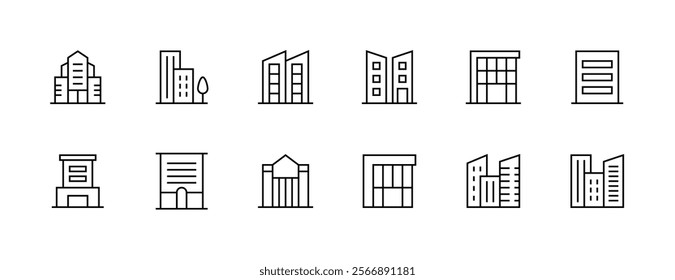 Building icon collection. Modern building, skyscrapers, city building, residence, cityscape, skyline and more. Editable stroke. Pixel Perfect. Grid base 32px.