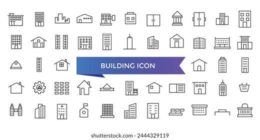 Building icon collection. Related to house, office, bank, school, hotel, shop, university and hospital icons. Line icon set.