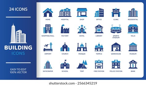 BUILDING - Icon Collection. Thin Line Set contains such Icons as House, Office, Bank, School, Hotel, City, Villa, Hospital and more. Simple web icons set.