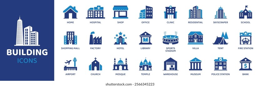 BUILDING - Icon Collection. Thin Line Set contains such Icons as House, Office, Bank, School, Hotel, City, Villa, Hospital and more. Simple web icons set.