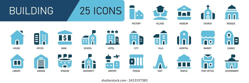 building icon collection.duo tone style.contains hotel,school,bank,home,house,library,garage,university,airport,prison.isolated vector.great for websites and applications