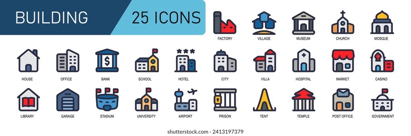 building icon collection.fill color modern style.contains villa,factory,museum,church,mosque,airport,prison,tent,temple,post office.good for application and website icon.