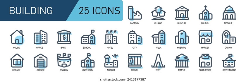 building icon collection.filled line style.contains museum,church,mosque,casino,shop,market,hospital,office,library,garage,university,airport,prison,tent,temple.good for websites and applications.