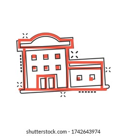 Building icon in comic style. Town skyscraper apartment cartoon vector illustration on white isolated background. City tower splash effect business concept.