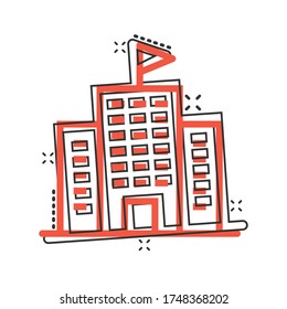 Building icon in comic style. Town skyscraper apartment cartoon vector illustration on white isolated background. City tower splash effect business concept.