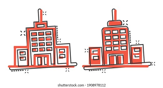 Icono de construcción en estilo de cómic. Dibujo de un vector de dibujos animados en un edificio de rascacielos sobre fondo blanco aislado. El concepto de negocios de la torre de la ciudad tiene efecto de salpicadura.