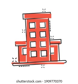 Building icon in comic style. Town skyscraper apartment cartoon vector illustration on white isolated background. City tower splash effect business concept.