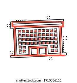 Building icon in comic style. Town skyscraper apartment cartoon vector illustration on white isolated background. City tower splash effect business concept.