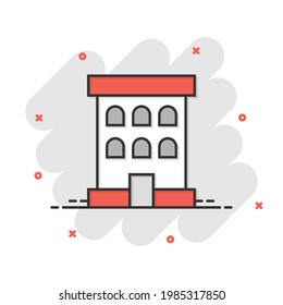 Building icon in comic style. Town skyscraper apartment cartoon vector illustration on white isolated background. City tower splash effect business concept.