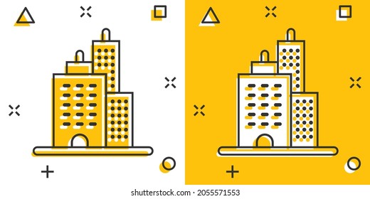 Building icon in comic style. Town skyscraper apartment cartoon vector illustration on white isolated background. City tower splash effect business concept.