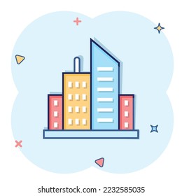 Building icon in comic style. Town skyscraper apartment cartoon vector illustration on white isolated background. City tower splash effect business concept.