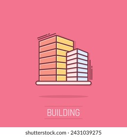 Building icon in comic style. Town skyscraper apartment cartoon vector illustration on isolated background. City tower splash effect business concept.