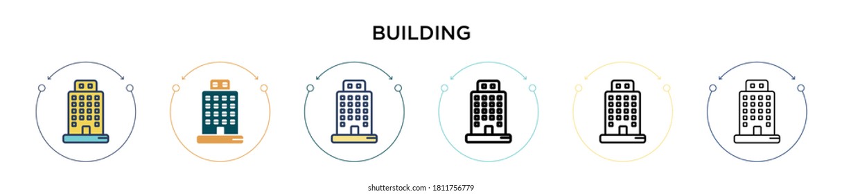 Building icon in filled, thin line, outline and stroke style. Vector illustration of two colored and black building vector icons designs can be used for mobile, ui, web
