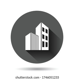 Building icon in flat style. Skyscraper vector illustration on black round background with long shadow effect. Architecture circle button business concept.