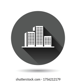 Building icon in flat style. Town skyscraper apartment vector illustration on black round background with long shadow effect. City tower circle button business concept.