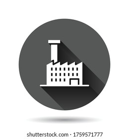 Building icon in flat style. Town skyscraper apartment vector illustration on black round background with long shadow effect. City tower circle button business concept.