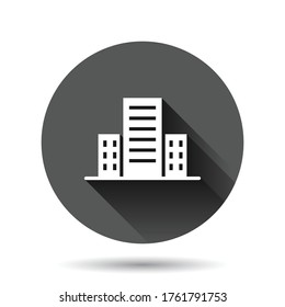 Building icon in flat style. Town skyscraper apartment vector illustration on black round background with long shadow effect. City tower circle button business concept.