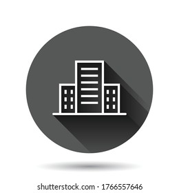 Building icon in flat style. Town skyscraper apartment vector illustration on black round background with long shadow effect. City tower circle button business concept.