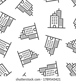 Building icon in flat style. Town skyscraper apartment vector illustration on white isolated background. City tower seamless pattern business concept.