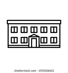 Building icon. Front view. Black contour linear silhouette. Vector flat graphic illustration. The isolated object on a white background. Isolate.