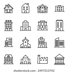 building icon illustration black and white, house, school, hotel, office building, shopping mall, university, hospital images