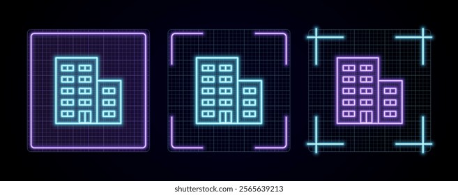 Building icon illustration, cyber neon visual, glowing border grid vector.