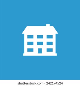 building icon, isolated, white on the blue background. Exclusive Symbols 