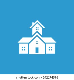 building icon, isolated, white on the blue background. Exclusive Symbols 