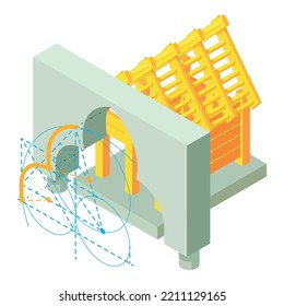 Building Icon Isometric Vector. Arch Project, Wooden Building Under Construction. Designing, Building, Reconstruction