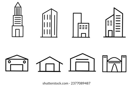 Building icon line. Warehouse, Hotel, place of worship. City, Real estate, Architecture icon building. Town house, museum. Linear set. VectorVector. Editable. 