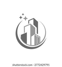 building icon logo , home logo style, real estate logo, Gray cityscape logo with skyscrapers