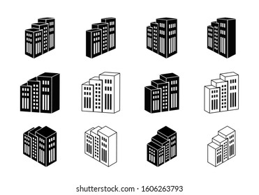 Building icon on white background, Perspective company vector collection,Black line hotel condo and apartment illustration, Isometric graphic bank and office silhouette