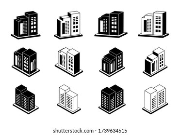 Building icon on white background, 3D Vector company collection, Line black bank and office, Set edifice and residential illustration