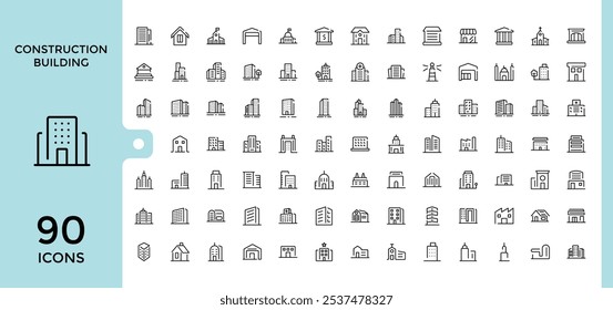 Building icon pack. Related to supermarket, house, skyscraper, architecture, real estate, residential, construction, apartment. Pixel perfect. Editable stroke. Vector illustration.