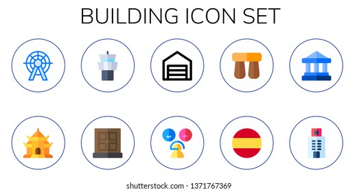 building icon set. 10 flat building icons.  Collection Of - london eye, pagoda, tower, window, warehouse, rate, stonehenge, spain, bank, hotel
